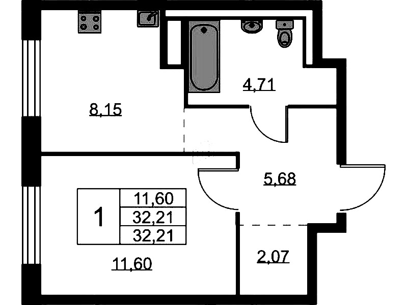 1-комнатная квартира 32.21 м², 8/9 эт., ЖК «Квартал Лаголово»